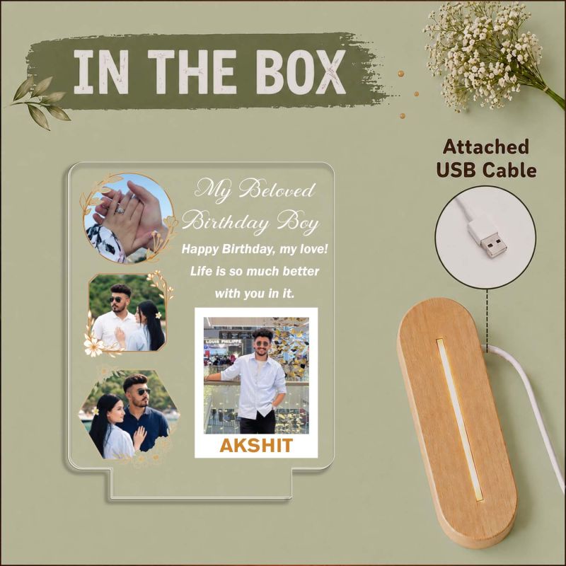 Personalized Birthday Boy LED Acrylic Photo Frame with Wooden Base  Birthday Night Light Gift for Men, Husband, Boyfriend, Fiancé & Soulmate – Romantic Bedroom Decor Table Lamp